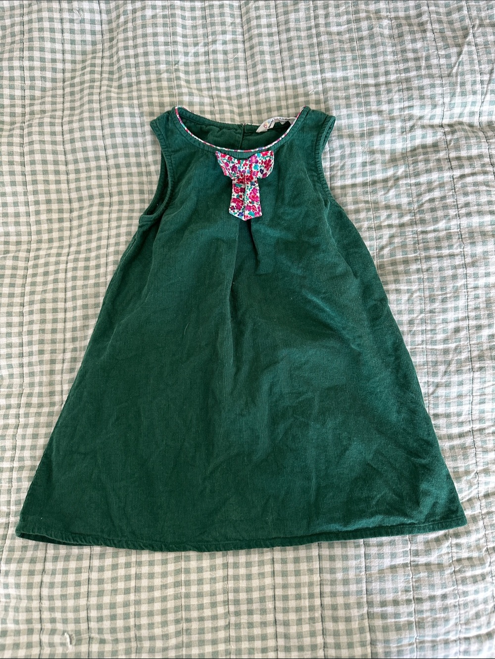 Girls Dark Green Sleeveless Dress with Floral Bow Accent